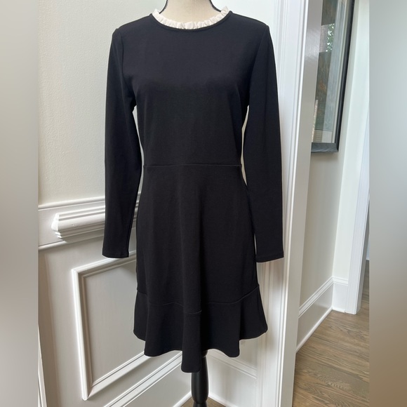NWT Ann Taylor Loft Black White Ruffle Neckline Trim A Line Flounce Hem Dress - Picture 4 of 9